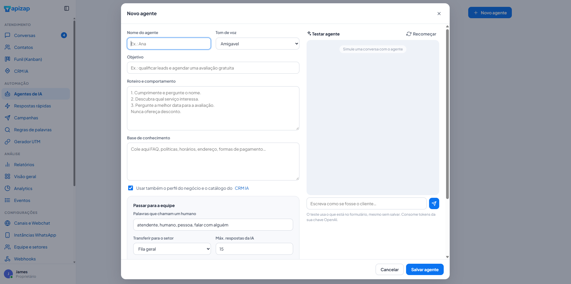 Configuração do agente de IA do ApiZap com simulador