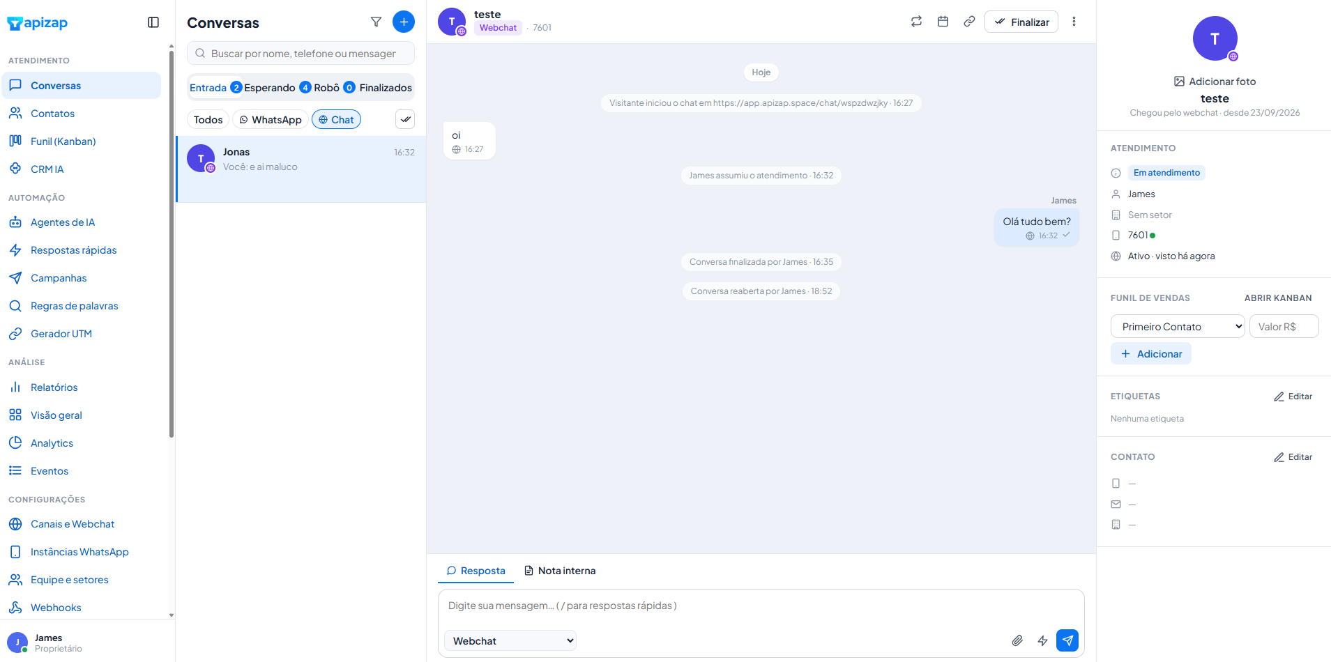 Caixa de entrada do ApiZap com conversas do WhatsApp e do chat do site