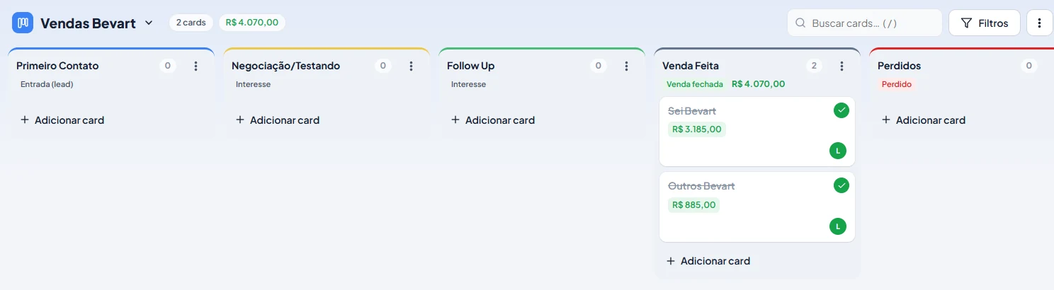 Funil de vendas em Kanban do ApiZap com etapas, valor de cada card e total da venda fechada