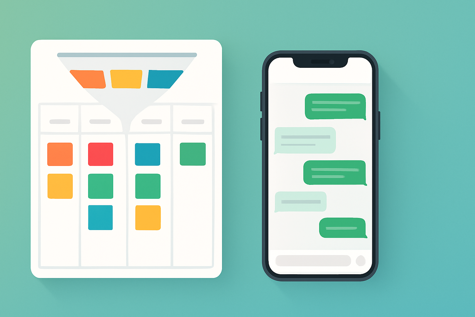 Quadro de funil de vendas em Kanban com cards de negócios avançando entre etapas ao lado de uma conversa de WhatsApp
