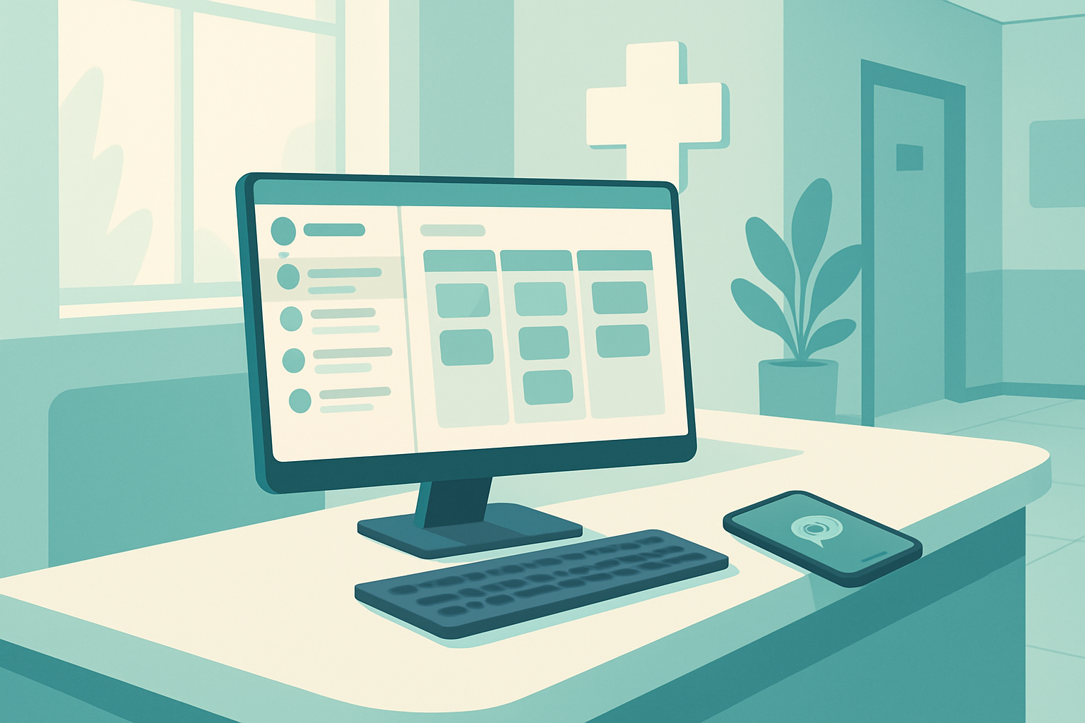 Recepção de clínica com computador mostrando conversas de pacientes e agenda de consultas ao lado de um celular com WhatsApp