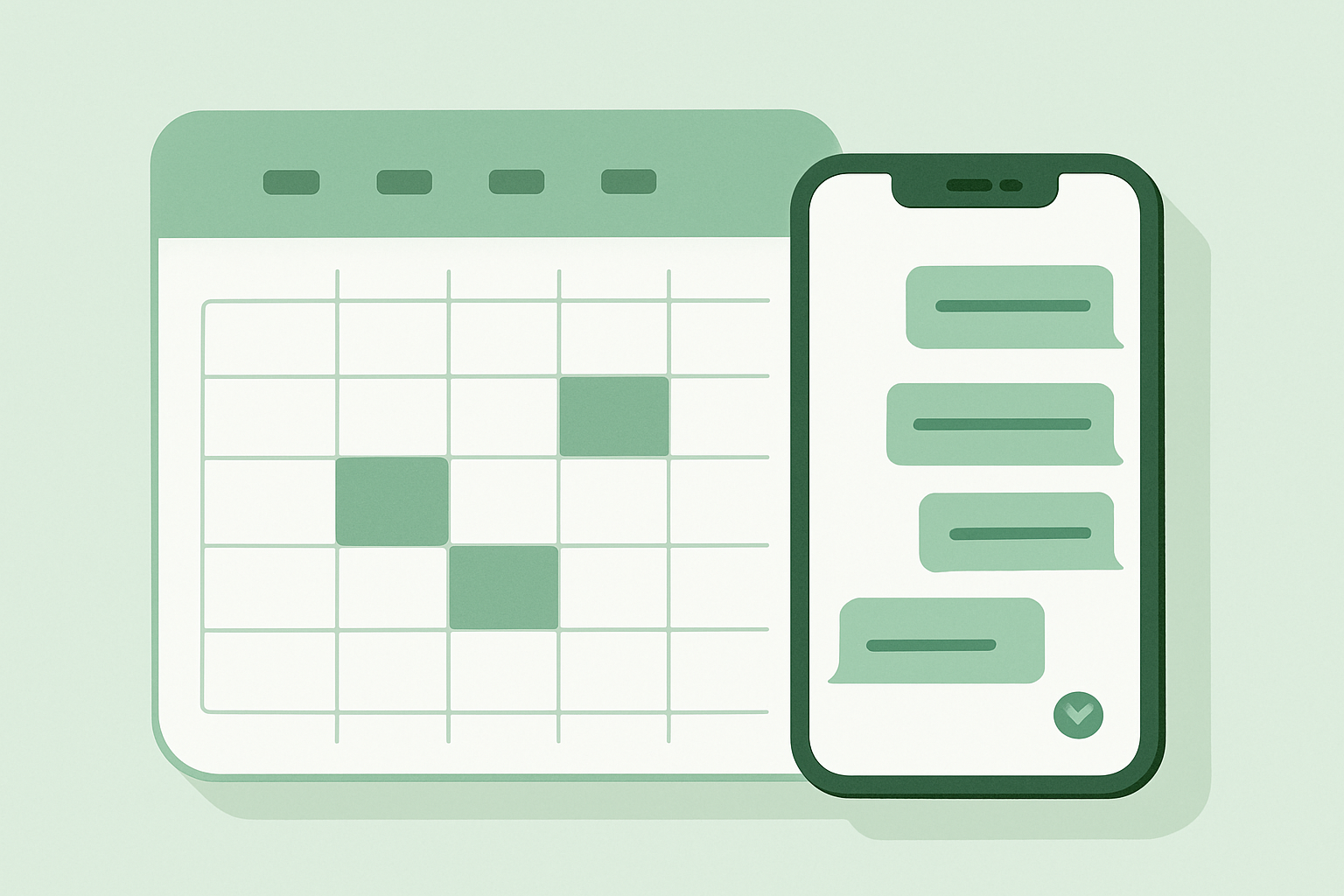 Calendário de reuniões com horários marcados ao lado de um celular com uma conversa de mensagens