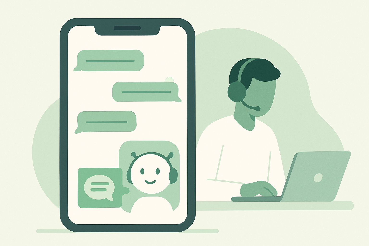 Celular com conversa de WhatsApp sendo respondida por um assistente de IA enquanto uma atendente acompanha no computador